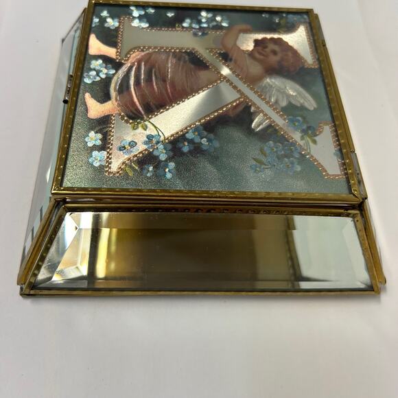 Beveled Glass Jewelry Trinket Box Victorian Style Angel Flowers Monogram "K" - Picture 4 of 8
